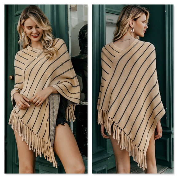 Striped Tan Faux Wrap Tassels Poncho - Picture 4 of 8